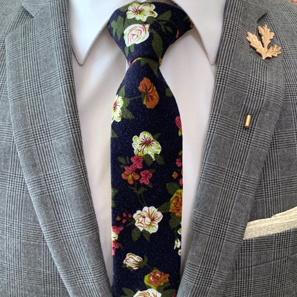 ⚜️Buy 2 Get 1 Free⚜️ Men's Navy Bohemian Style Floral Slim Necktie - Picture 3 of 4